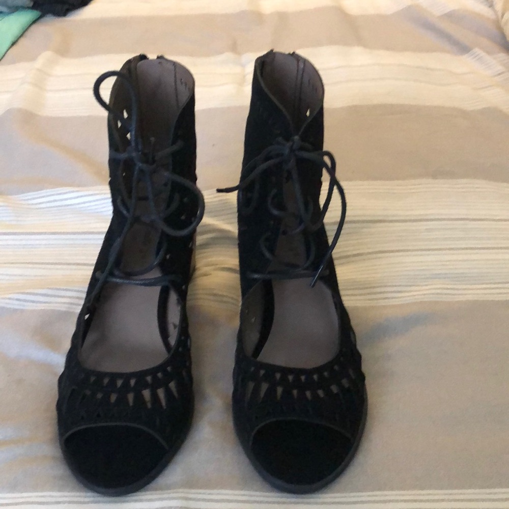 Black suede open toe booties